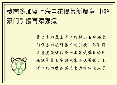 费南多加盟上海申花揭幕新篇章 中超豪门引援再添强援