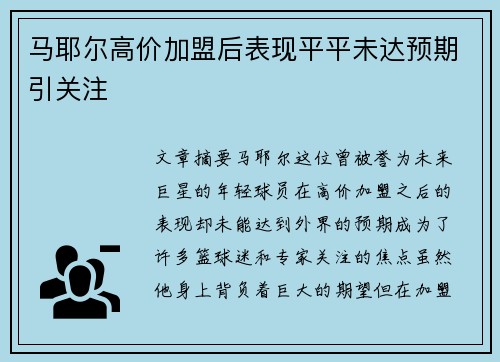 马耶尔高价加盟后表现平平未达预期引关注